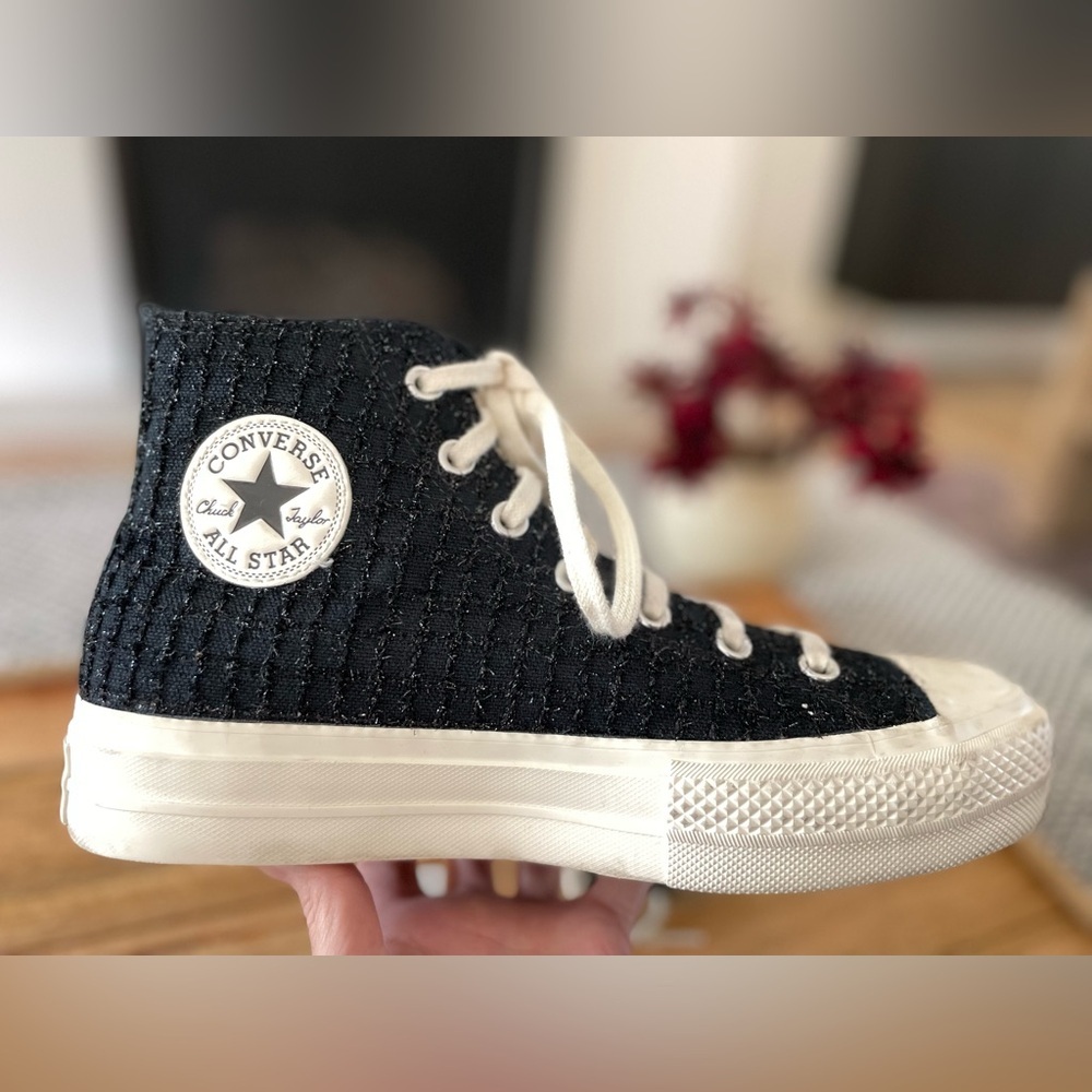 Converse Tweed Shimmer High Top Platform Lift Size 9.5 Black Beaded